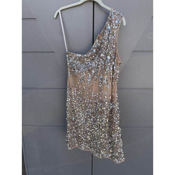 Mac Duggal 10977 Nude One Shoulder Asymmetric Sheer Hand Beaded Mini Dress Sz 12 - Picture 9 of 16